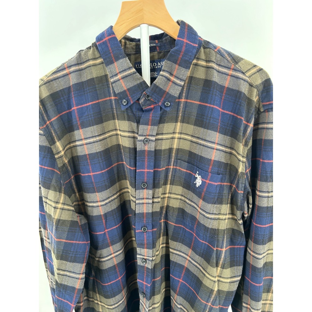 US Polo Assn Mens 2XL Plaid Button Down Shirt Navy Green Stretch Flannel Style